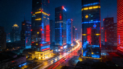 夜晚城市天际线，霓虹灯闪烁的都市景观